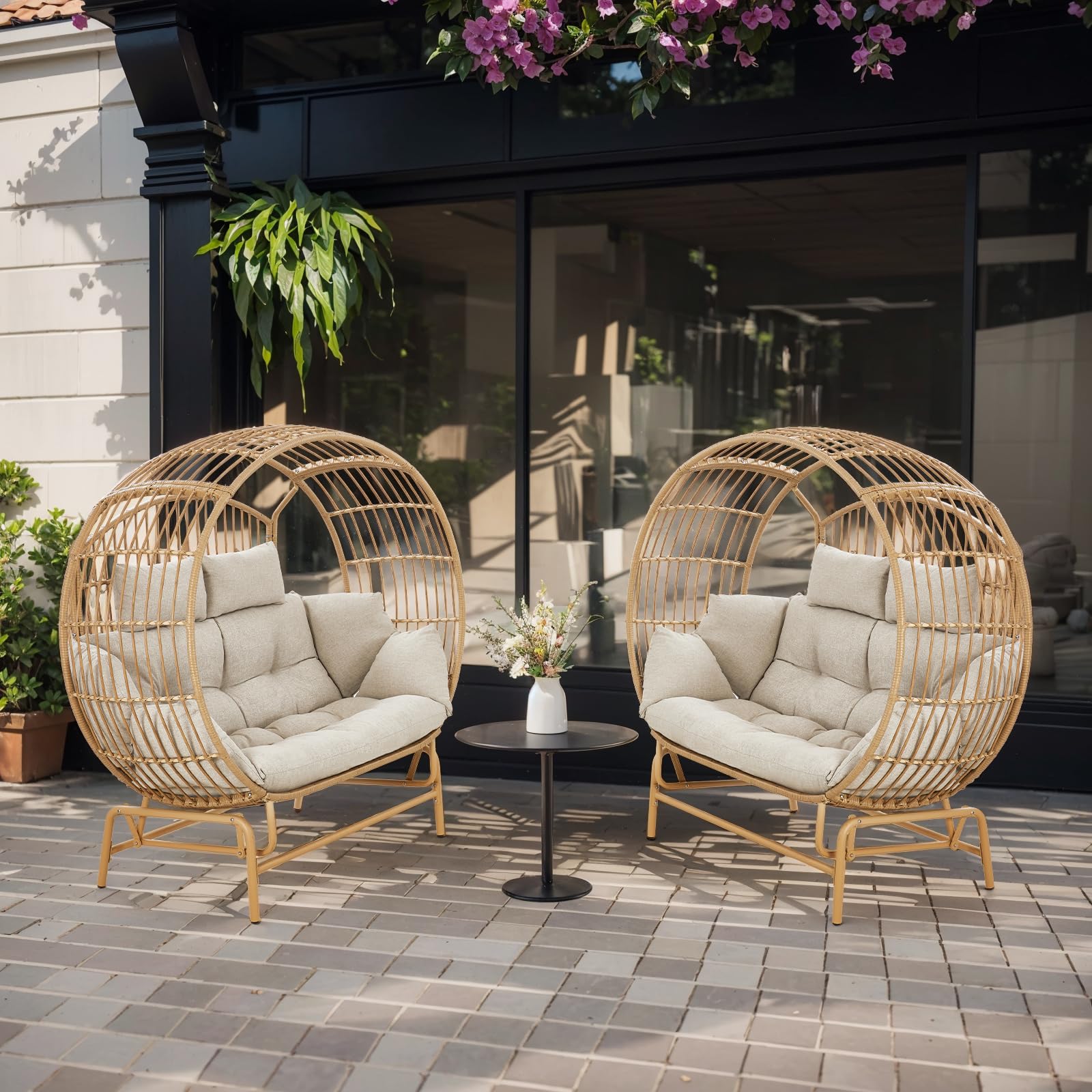 LUMIINOFAMI Outdoor Glider Egg Chair, Oversized 2 Person Egg Rocking Chair with Thick Cushions, Wicker Egg Chair Rattan Porch Furniture Loveseat Lounge Chair for Bedroom Sunroom Backyard(Yell - WoodArtSupply