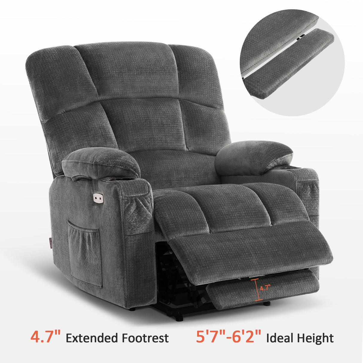 MCombo Oversized Dual Motor Power Lift Recliner Chair Sofa with Massage and Heat for Big Elderly People, Infinite Position, USB Ports, Fabric R7688 (Grey, Large-Oversize) MCombo