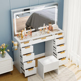 Pamapic Glass Top Vanity Desk with Mirror and Lights, 11 Drawers Makeup Vanity with Charging Station and Chair, Golden Handles Dressing Table, 3 Lighting Modes Makeup Table, White Pamapic