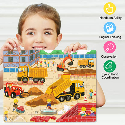 LELEMON 100 Pieces Jigsaw Puzzles in a Metal Box for Kids Age for 4-8 Boys Girls Toy Puzzles Construction Site Vehicles Children Learning Educational Puzzles Toys