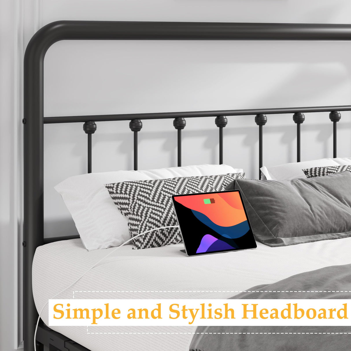 Fluest Queen Bed Frame Classic Metal Platform Bed Frame with Charging Station & LED, Victorian Style Iron-Art Headboard/Footboard, Under Bed Storage, No Box Spring Needed, Noise Free, Black Fluest