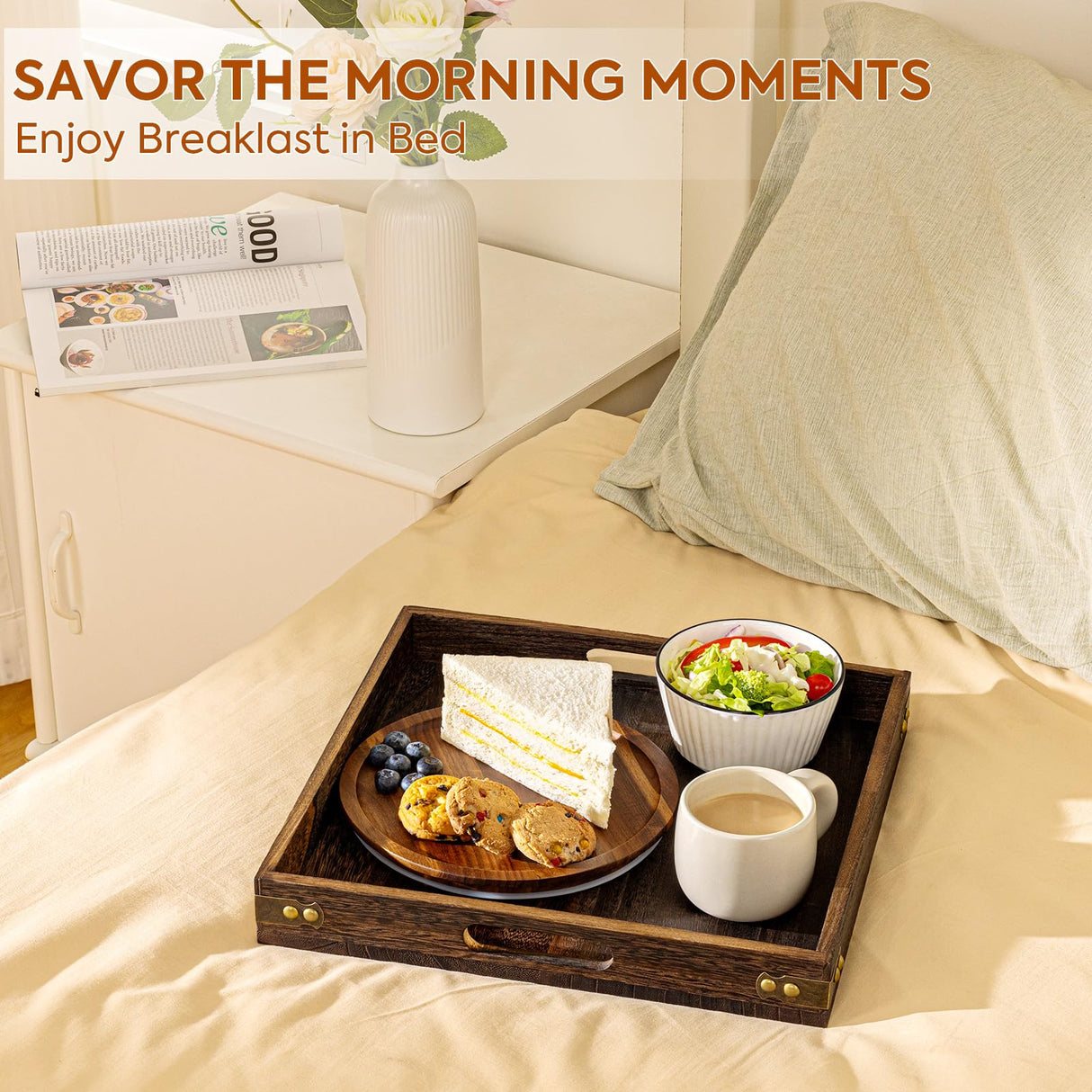 Yangbaga Serving Tray with Handles,13"*13"Wood Decorative Tray for Living Room,Modern Coffee Table Tray,Square Large Serving Platters for Home Decor,Ottoman,Bed,Kitchen,Bathroom, Breakfast,Bar Yangbaga