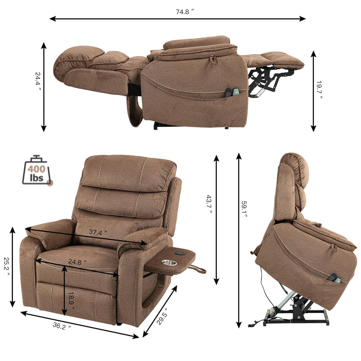 Brown Recliner Chair for Elderly | Tall and Big Man 400lbs | Chenille | Power Lift, Lay Flat, Stand Up, Wireless Charging Device, Extended Footrest, Massage Heat, Cup Holder, Lumbar Pillow LITVZ