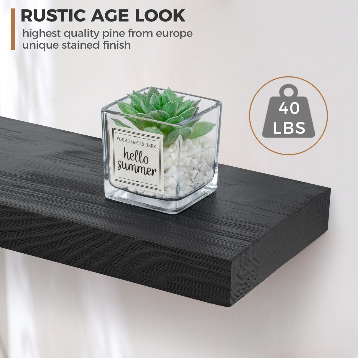 Fun Memories Handcrafted European Pine Floating Shelves - Natural Rustic Wooden Wall Shelf Set of 2-24 Inch Storage Shelf Display Shelf for Kitchen Bathroom Living Room Bedroom Farmhouse - Black Fun Memories