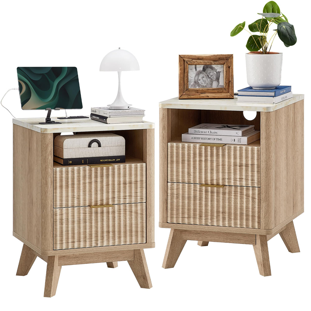 T4TREAM Fluted Nightstand Set of 2 with Charging Station, 18" Modern Side Table with Faux Marble Top, 2 Drawer End Table w/Storage, Bedside Table for Bedroom, Living Room, Curved Profile, Natural Oak T4TREAM
