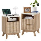 T4TREAM Fluted Nightstand Set of 2 with Charging Station, 18" Modern Side Table with Faux Marble Top, 2 Drawer End Table w/Storage, Bedside Table for Bedroom, Living Room, Curved Profile, Natural Oak T4TREAM