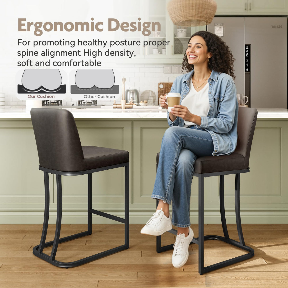 MAISON ARTS Counter Height Bar Stools with Back Set of 3 for Kitchen Counter, 24 Inch Modern Upholstered Faux Leather Barstools Farmhouse Bar Chairs Luxury Island Stools Support 330LBS, Grey MAISON ARTS