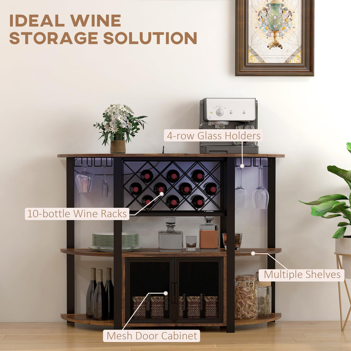 HOMCOM Wine Bar Cabinet with Charging Station and LED Lights, Industrial Liquor Cabinet Bar Stand for Home with 10-Bottle Wine Rack, Glass Holders, Mesh Doors, and Open Shelves, Rustic Brown HOMCOM