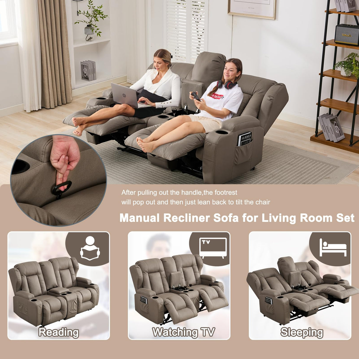 SAMERY 65.5" RV Loveseat Recliner Double Recliner RV Sofa & Console | Wall Hugger Loveseat Reclining RV | RV Theater Seats | RV Couch | RV Home Theater Seating Furniture (Fabric Khaki) SAMERY