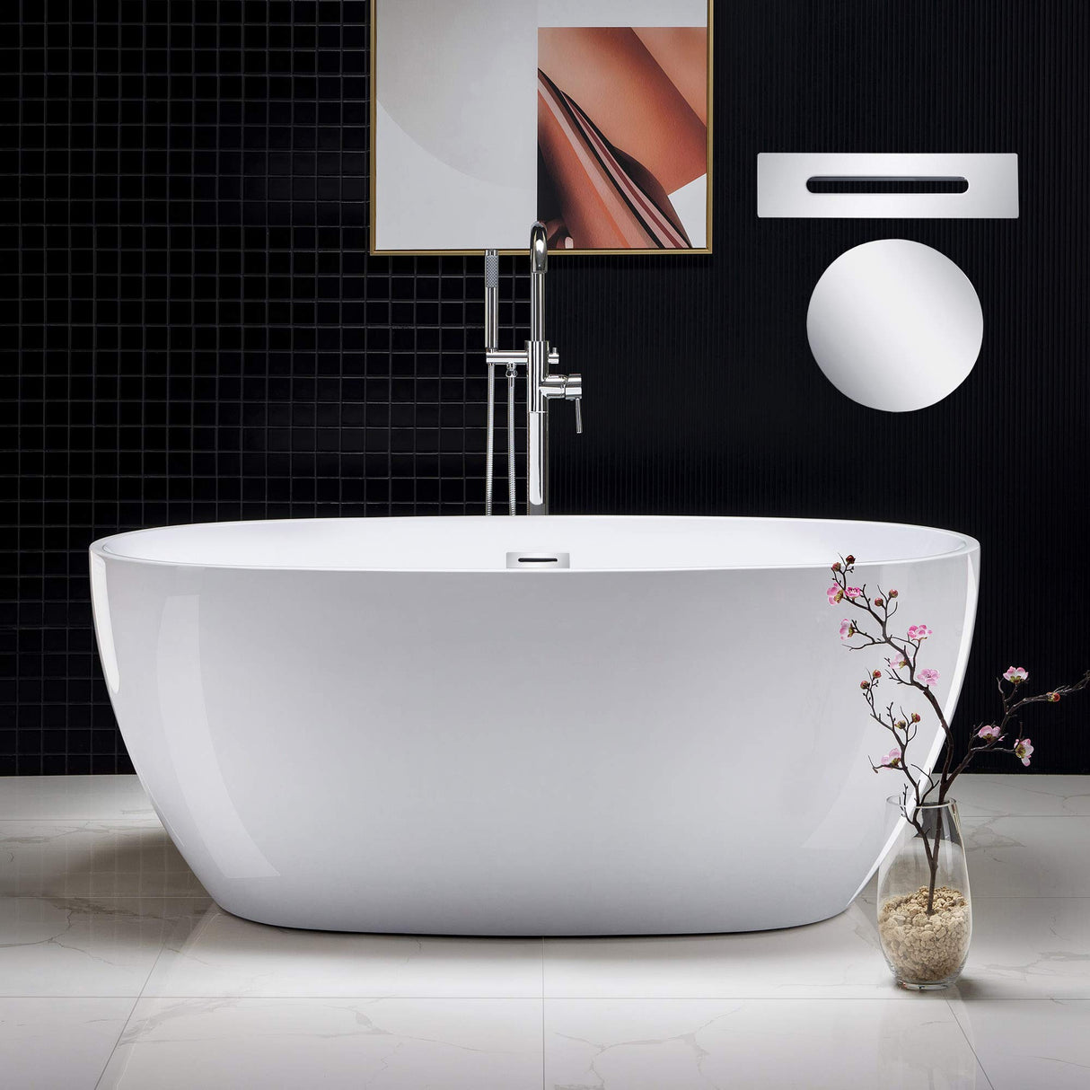 WOODBRIDGE 59" Acrylic Freestanding Bathtub Contemporary Soaking Tub, White Acrylic (Chrome Drain/Overflow),BTA1518 -C-Drain &O WOODBRIDGE