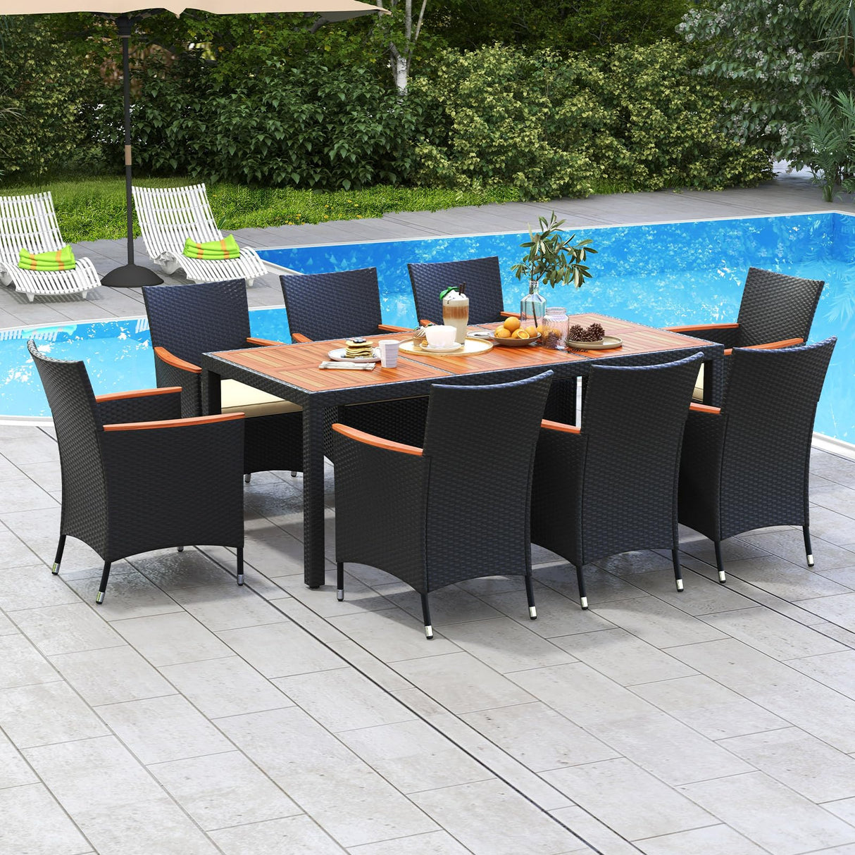 HAPPYGRILL 9 Pieces Outdoor Dining Set for 8, Patio Conversation Set with Acacia Wood Tabletop, Umbrella Hole, Washable Seat Cushions, Rattan Dining Table & Chair Set for Garden Yard Poolside HAPPYGRILL