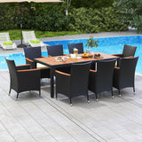 HAPPYGRILL 9 Pieces Outdoor Dining Set for 8, Patio Conversation Set with Acacia Wood Tabletop, Umbrella Hole, Washable Seat Cushions, Rattan Dining Table & Chair Set for Garden Yard Poolside HAPPYGRILL