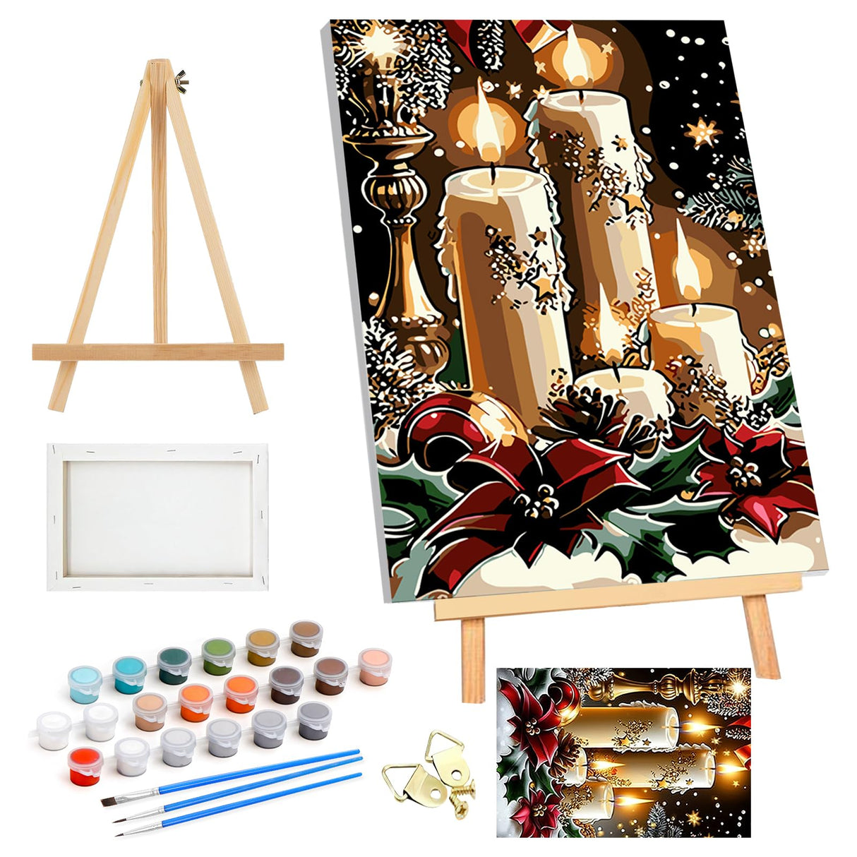 SENQAO Framed Paint by Numbers Kit for Adults Beginners with Wooden Easel, Christmas Candles Easy Paint by Number Kit with Frame, Watercolor Adult Paint by Number Framed Canvas 7.8x11.8inch SENQAO