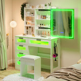 HNEBC Vanity Desk with Sliding Mirror and LED Lights, RGB Vanitys with Charging Station, Makeup Vanity with Remote Control, White Dresser with Stool/Lager Drawers for Bedroom (White) HNEBC