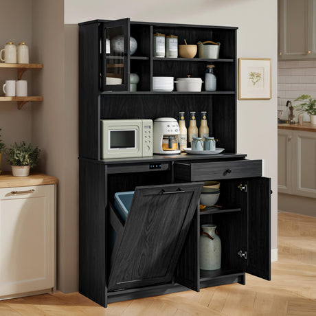 XM-ICE Freestanding Tilt-Out Trash Can Cabinet with Deodorising Function, 70" Kitchen Pantry, Storage with Microwave Shelf & Adjustable Shelves for 10 Gallons Bin, Kitchen Hutch, Black XM-ICE