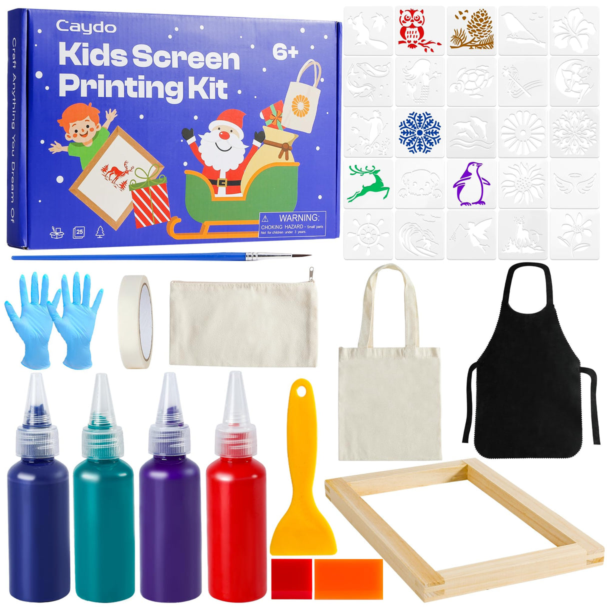 Caydo Kids Screen Printing Kit, Arts and Crafts Silk Screen Printing Kit with 4 Colors Fabric Paint, Frame, Stencils, Squeegee & Canvas Bag, Silkscreening Kit for Children's Christmas Gifts Caydo