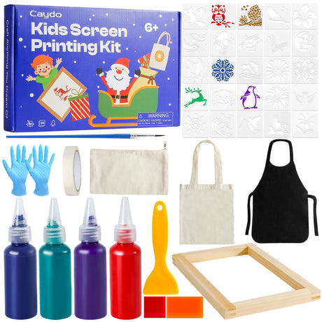 Caydo Kids Screen Printing Kit, Arts and Crafts Silk Screen Printing Kit with 4 Colors Fabric Paint, Frame, Stencils, Squeegee & Canvas Bag, Silkscreening Kit for Children's Christmas Gifts Caydo