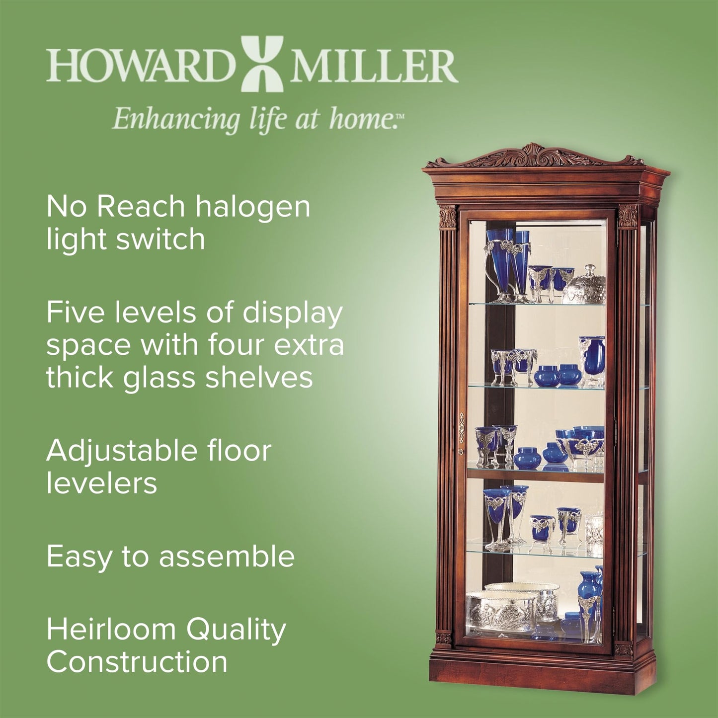 Howard Miller Embassy Curio Cabinet 680-243 – Embassy Cherry Finish Home Decor, Four Glass Shelves, Five Level Display Case, Locking Front Door & Halogen Light