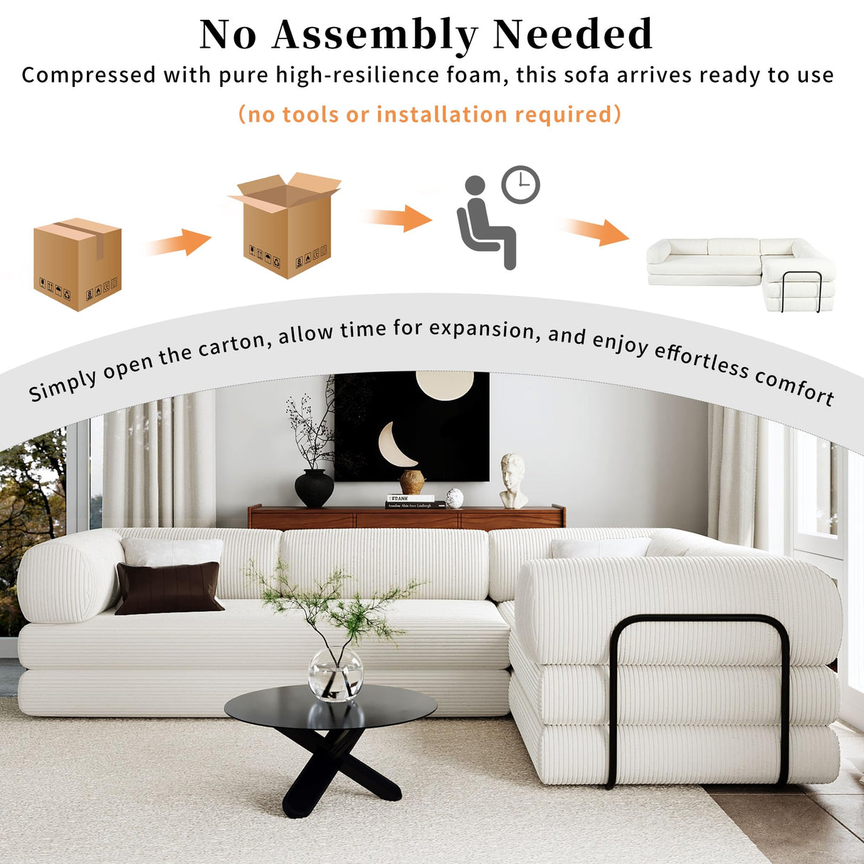 Merax L-Shaped Modular Sofa Bed in Corduroy Fabric, Convertible Sleeper Sofa Bed, 4 Seat Floor Couch for Living Rooms and Apartments, No Assembly Required, Beige Merax