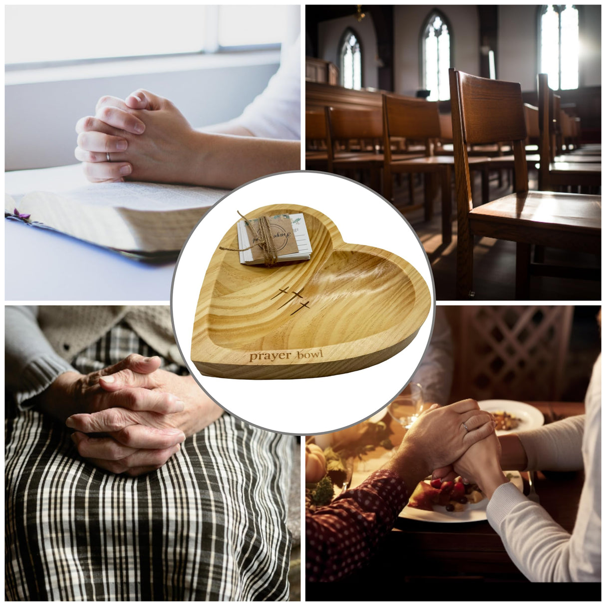 KyooteLfv Prayer Bowl with Cards for Easter Day, Wooden Heart Prayer Bowl with Cross, Wooden Dough Bowl, Heart Shaped Decor for Christian Religious Gifts KyooteLfv
