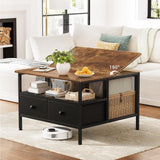 FABATO Flip Top Coffee Table, Square Coffee Tables Metal Wood, Farmhouse Lift Up Coffee Table Cocktail Table with Wire Mesh Barn Door and Storage, Steel Frame, Small Tea Table for Living Room, Black FABATO