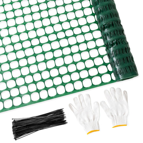 PotatoLife Plastic Mesh Fence Safety Fence, 4'x100' Roll with 100 Zip Ties, Resuable Temporary Netting for Garden Fencing, Construction, Snow Fencing, Animal Barrier, Poultry, Deer, Patio, Green PotatoLife
