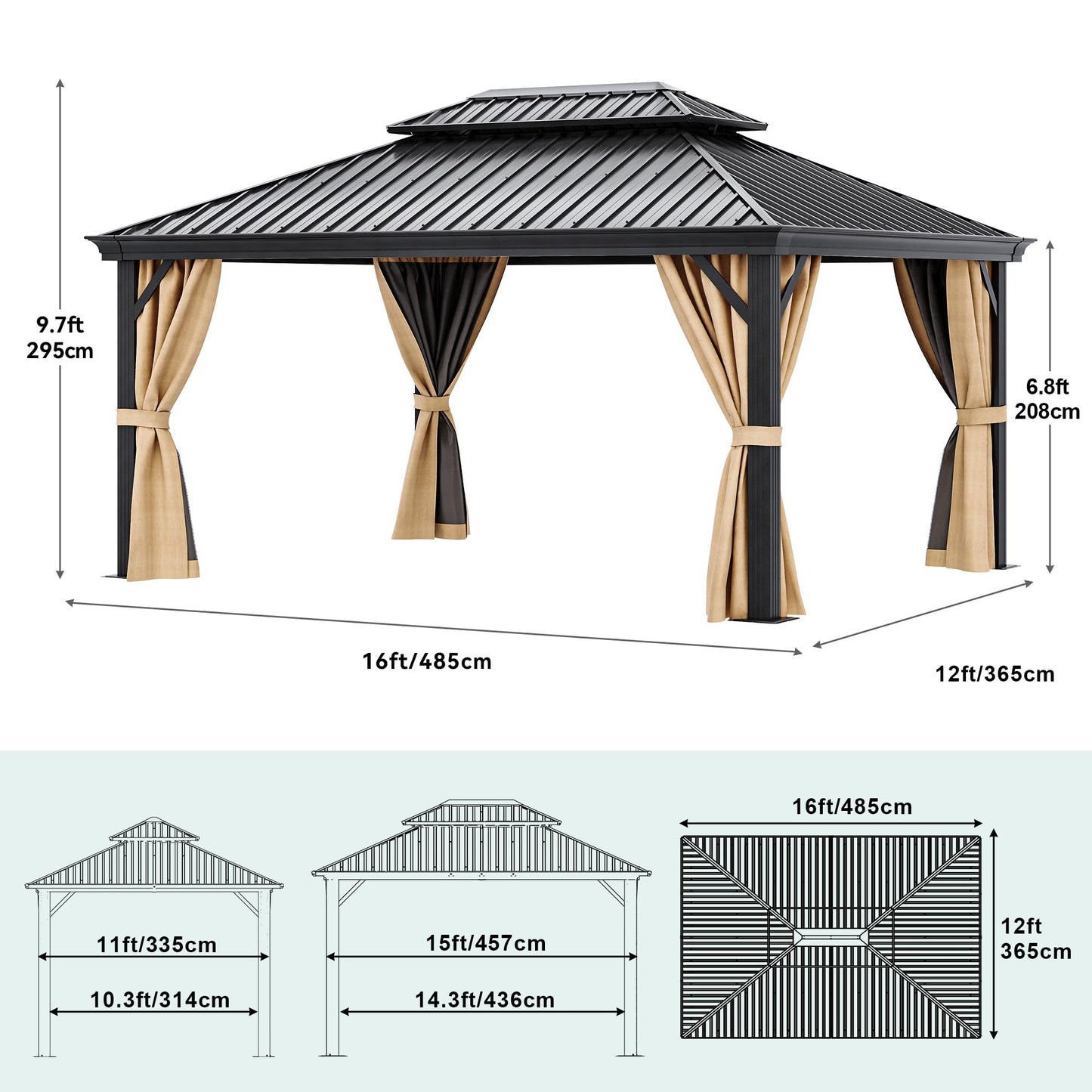 YITAHOME 12x16ft Gazebo Hardtop with Netting and Curtains 2-Tier Galvanized Iron Canopy, Outdoor Aluminum Frame Garden Tent for Patio, Backyard, Deck and Lawns, Brown - WoodArtSupply