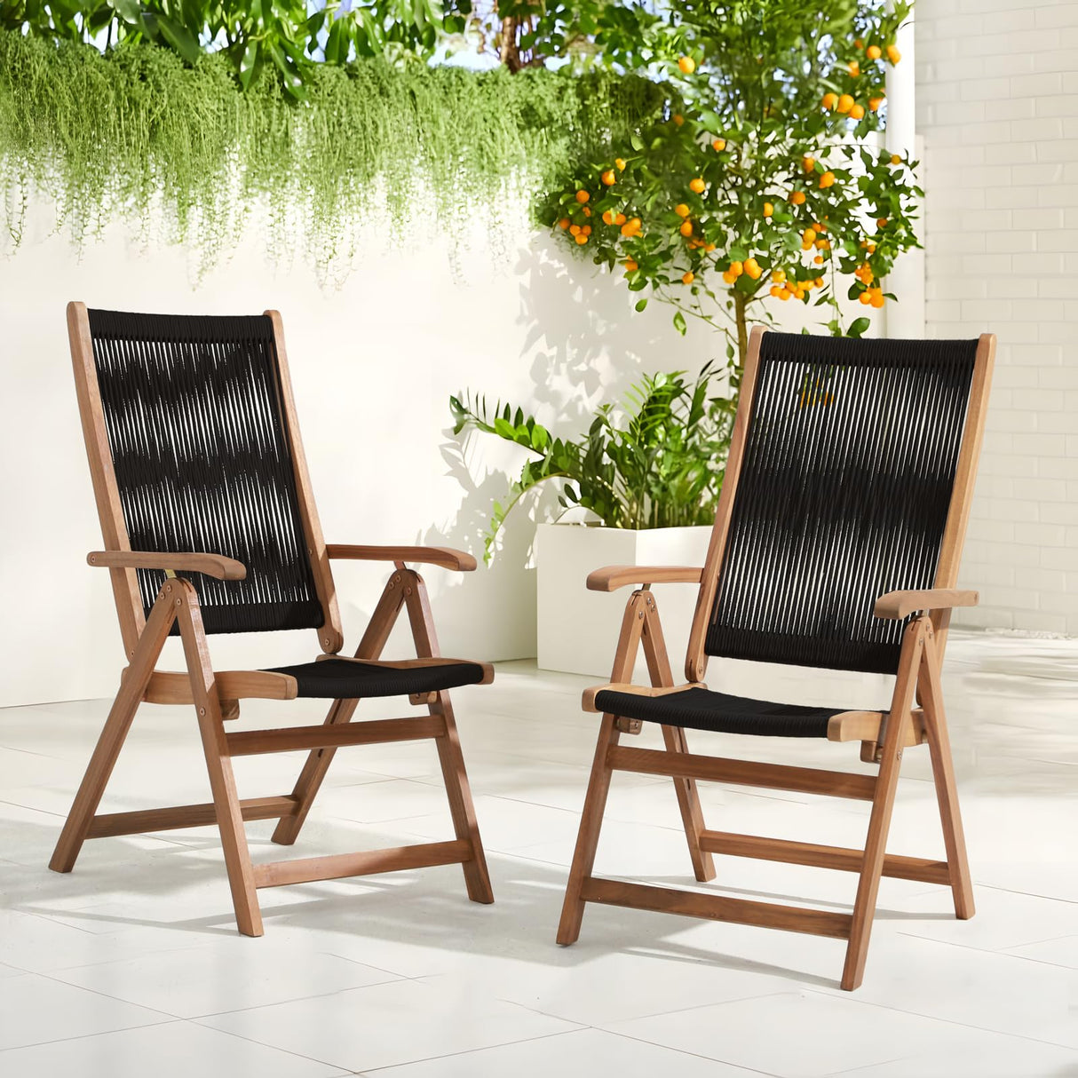 OC Orange-Casual Folding Patio Dining Chair Set of 2, Outdoor Acacia Wooden Rope Reclining Chair w/Armrest, FSC Certified Wood, for Porch, Backyard, Garden, Indoor, Black OC Orange-Casual