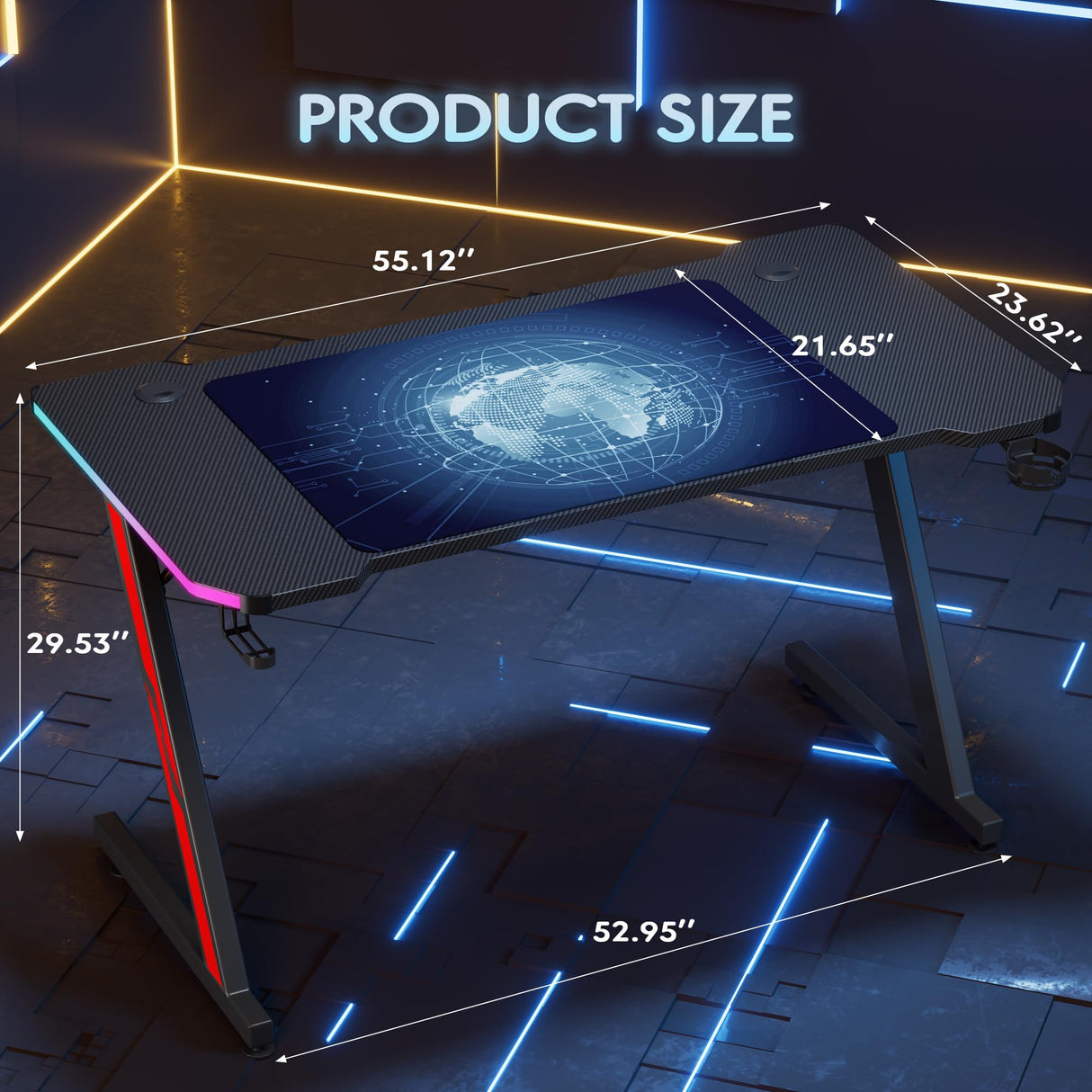 Homall Gaming Computer Desk with Carbon Fiber Surface, Gaming Table Z Shaped Pc Home Office with Cup Holder&Headphone Hook(55 in, Black, Led Light) Homall