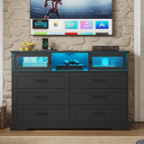 Hasuit 6 Drawers Dresser with LED Lights and Charging Station, Farmhouse Chest of Drawers Closet Organizer, Clothes Storage Cabinet Double Dressers for Bedroom, Living Room, Hallway, Black Hasuit