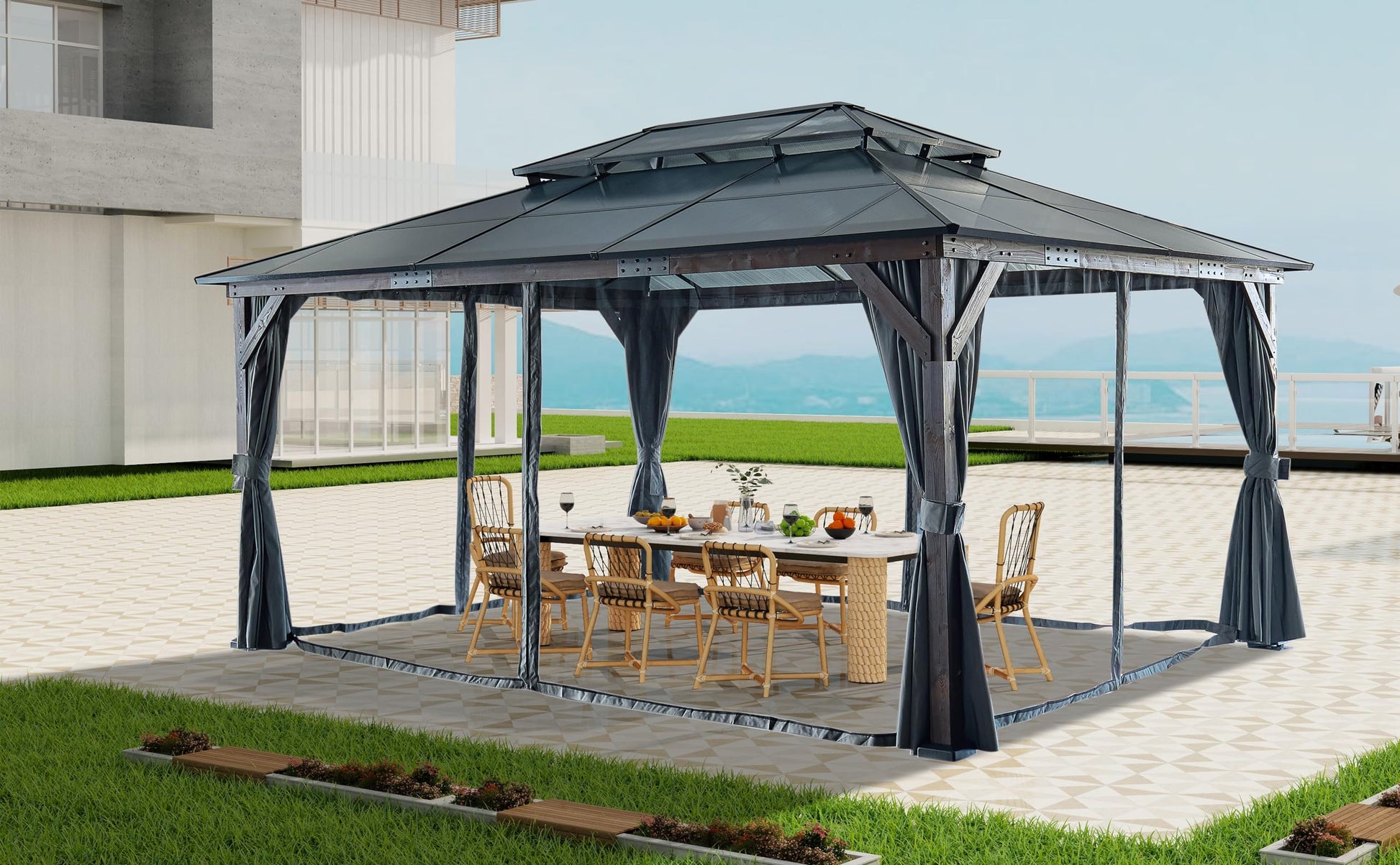 12' x 16' Hardtop Cedar Wood Gazebo for Patios, Outdoor Cedar Framed Gazebo with Double Metal Roof, Solid Wooden Framed Gazebo with Privacy Curtains and Mosquito Nettings for Garden, Backyard - WoodArtSupply