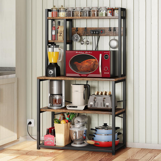 ciecie 31.5 Inch Bakers Rack with 3 Power Outlets, 5 Tiers Microwave Stand with Storage, Heavy Duty Kitchen Shelves with Plugs, Microwave Oven Stand, Kitchen Rack, Kitchen Stand, Coffee Bar