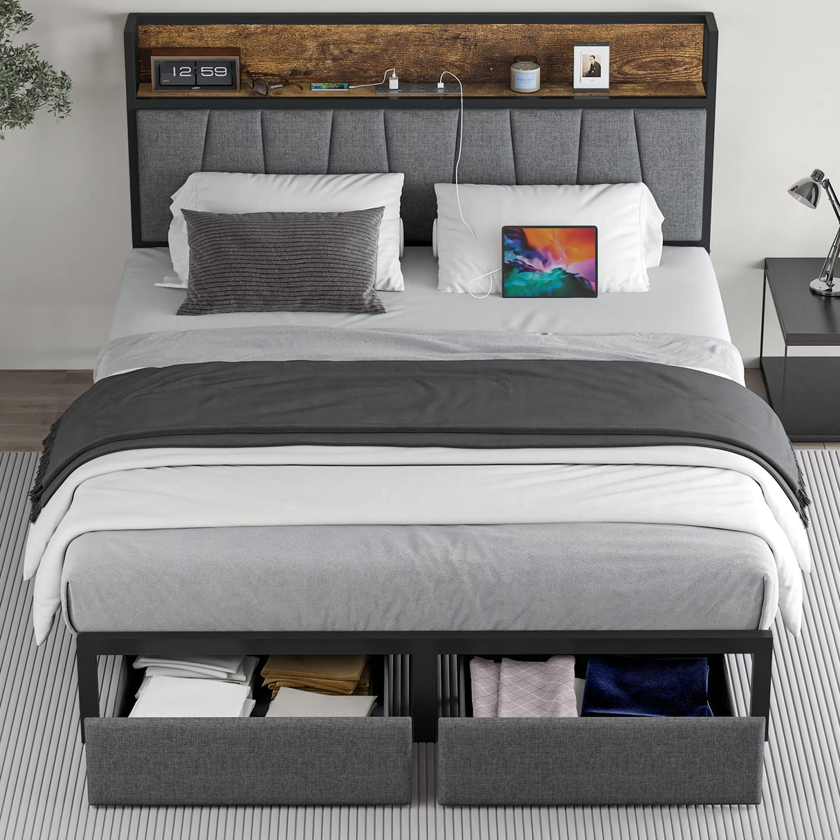 CIKUNASI Heavy Duty Full Size Bed Frame with Headboard, Storage Drawers, and LED Charging Station CIKUNASI