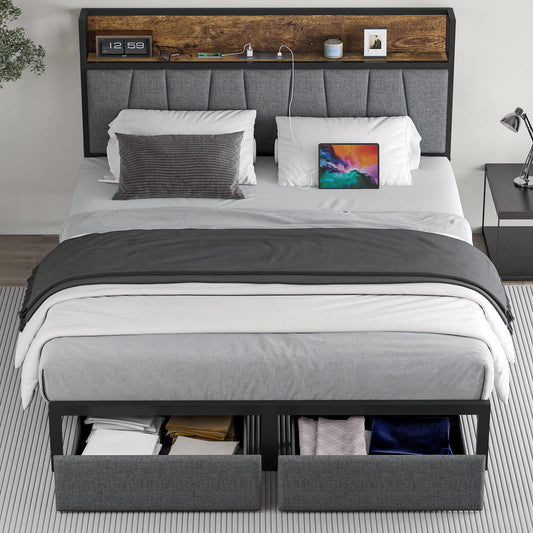 CIKUNASI Heavy Duty Full Size Bed Frame with Headboard, Storage Drawers, and LED Charging Station - WoodArtSupply