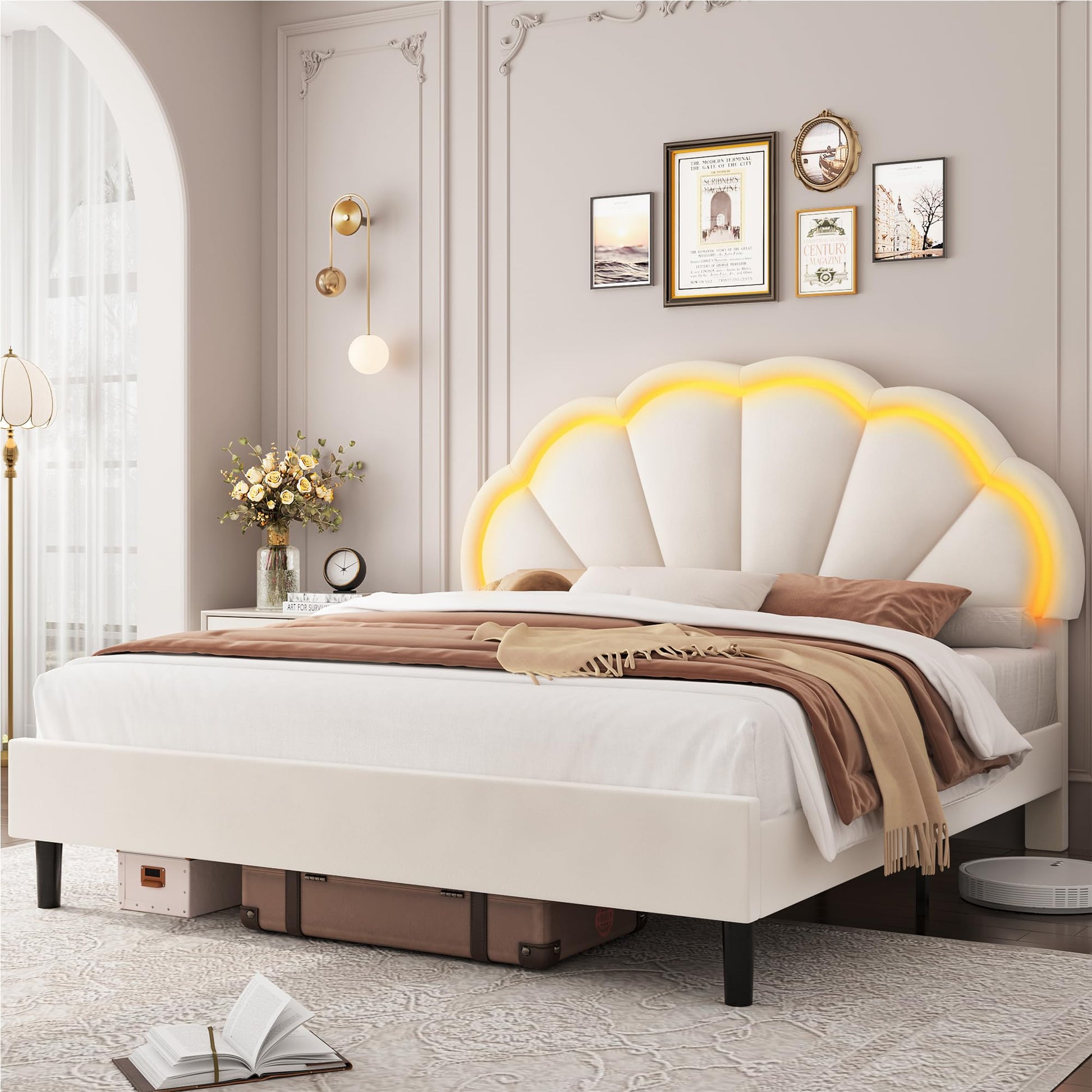 HIFIT King Size Upholstered LED Bed Frame with Adjustable Elegant Flowers Headboard in Beige - WoodArtSupply