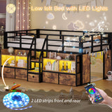 busyaeh Twin Loft Bed for Kids with 5 Drawers & 6 Bookcase and LED Light，Low Loft Bed with 15.8" H Safety Guardrail and Charging Station，Metal Kids Loft Beds with Under-Bed Play Space,Vintage Brown busyaeh