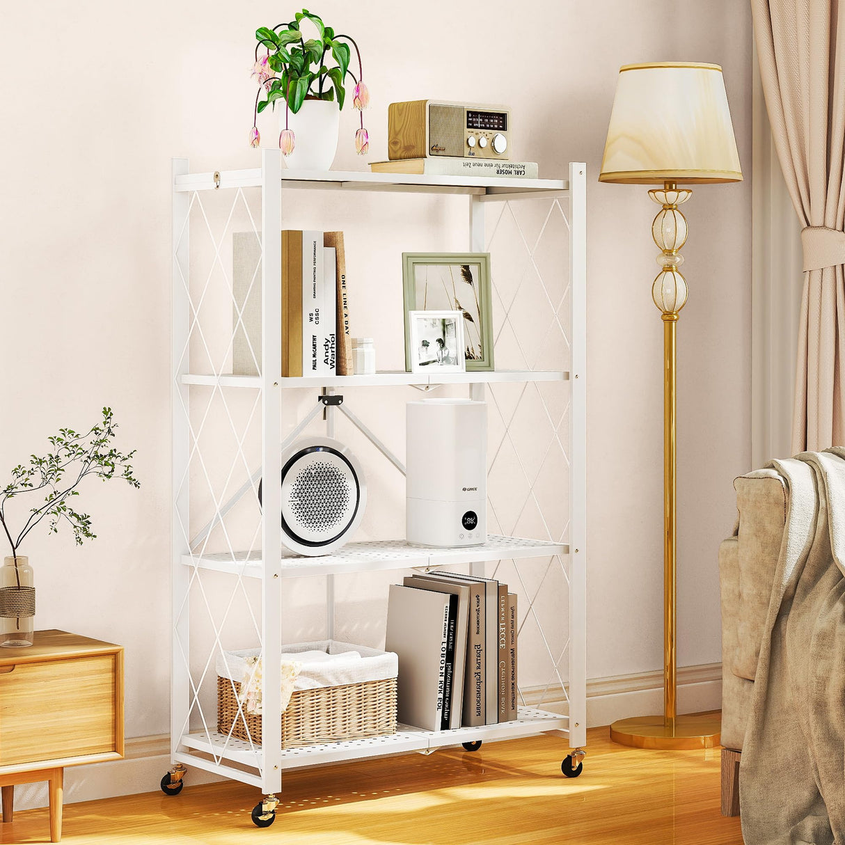 LUCKPRO 4-Tier Folding Metal Storage Rack - 50" Heavy-Duty Steel Frame with Wheels, No Assembly Utility Organizer, Rolling Shelving Unit for Kitchen, Garage, Pantry, Bedroom (White, 4 Tier) LUCKPRO