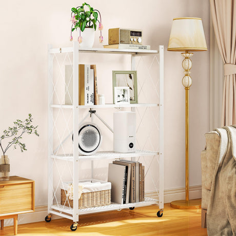 LUCKPRO 4-Tier Folding Metal Storage Rack - 50" Heavy-Duty Steel Frame with Wheels, No Assembly Utility Organizer, Rolling Shelving Unit for Kitchen, Garage, Pantry, Bedroom (White, 4 Tier) LUCKPRO