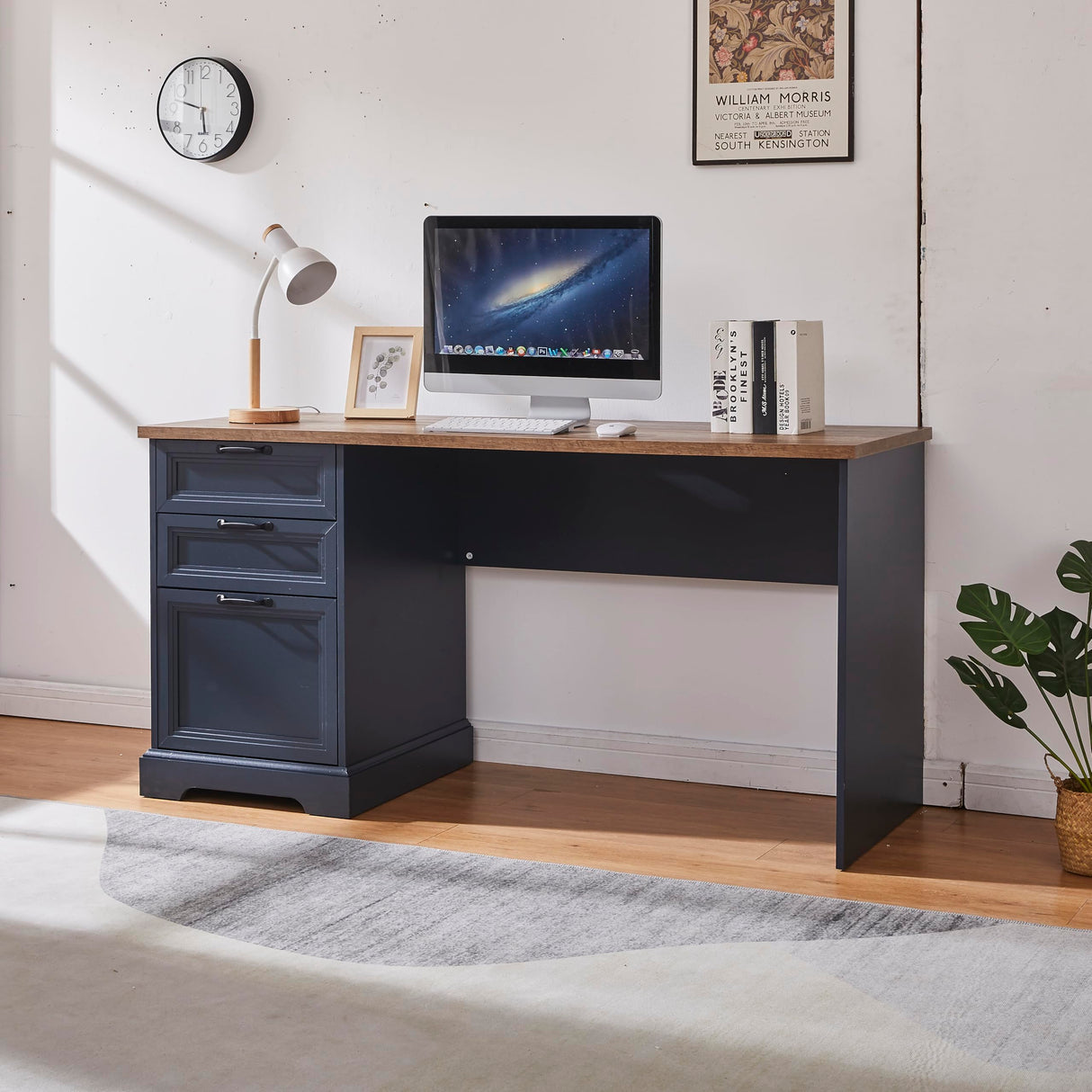 boknight 60" Farmhouse Executive Desk with Charging Station,Home Office Desk with 2 Drawers &1 File Cabinet,Wood Work Desk for Office and Home (Blue) boknight