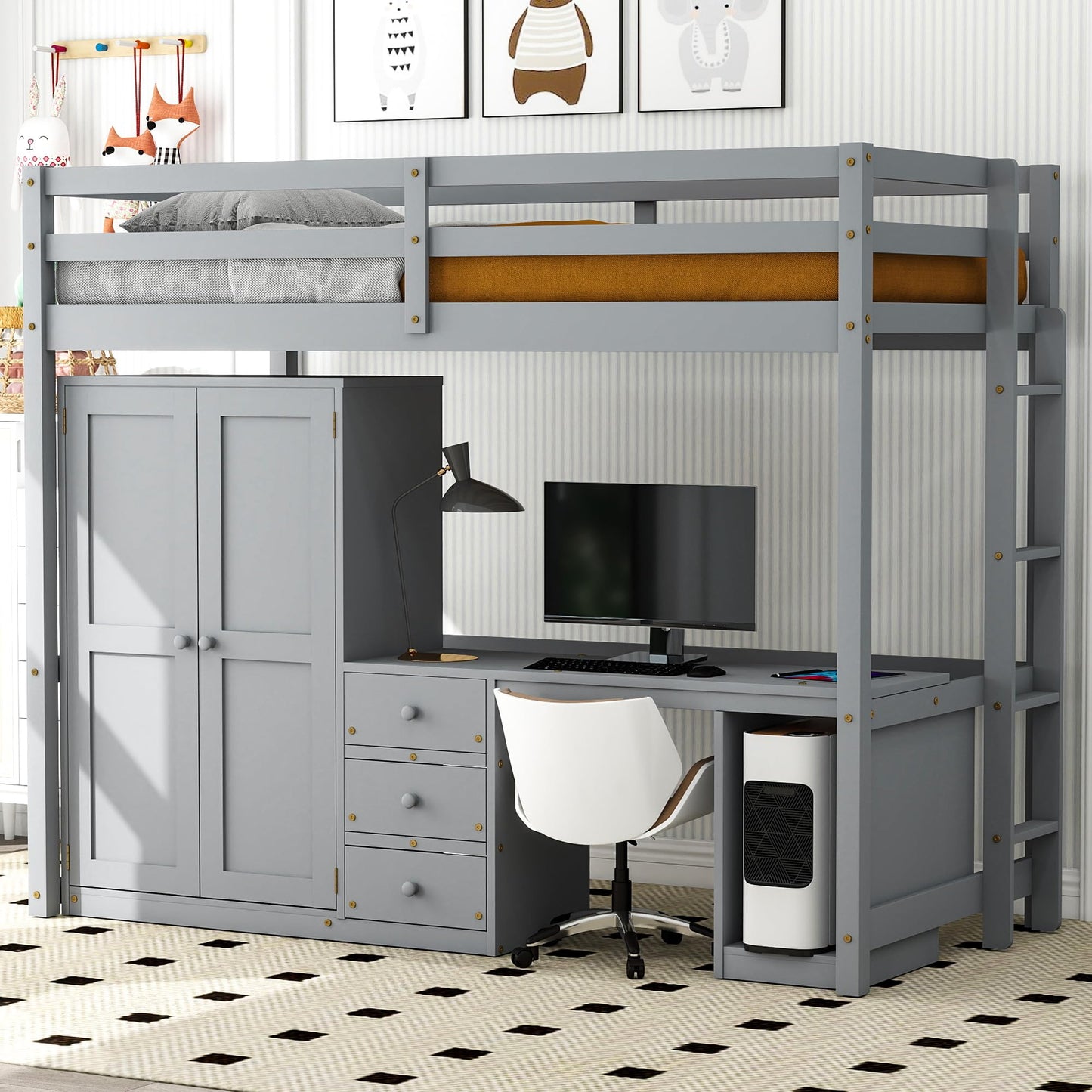 Wood Twin Loft Bed with Desk, Wardrobe, and Storage Drawers in Gray - WoodArtSupply