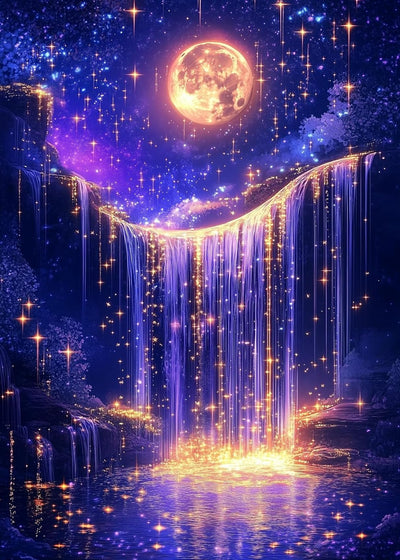 KINPLUB Moonlight Waterfall Diamond Art Kits for Adults Beginners, Moon 5D Diamond Painting Kits for Adults, DIY Full Drill Round Landscape Diamond Dots, Home Wall Decor 12x16 Inch