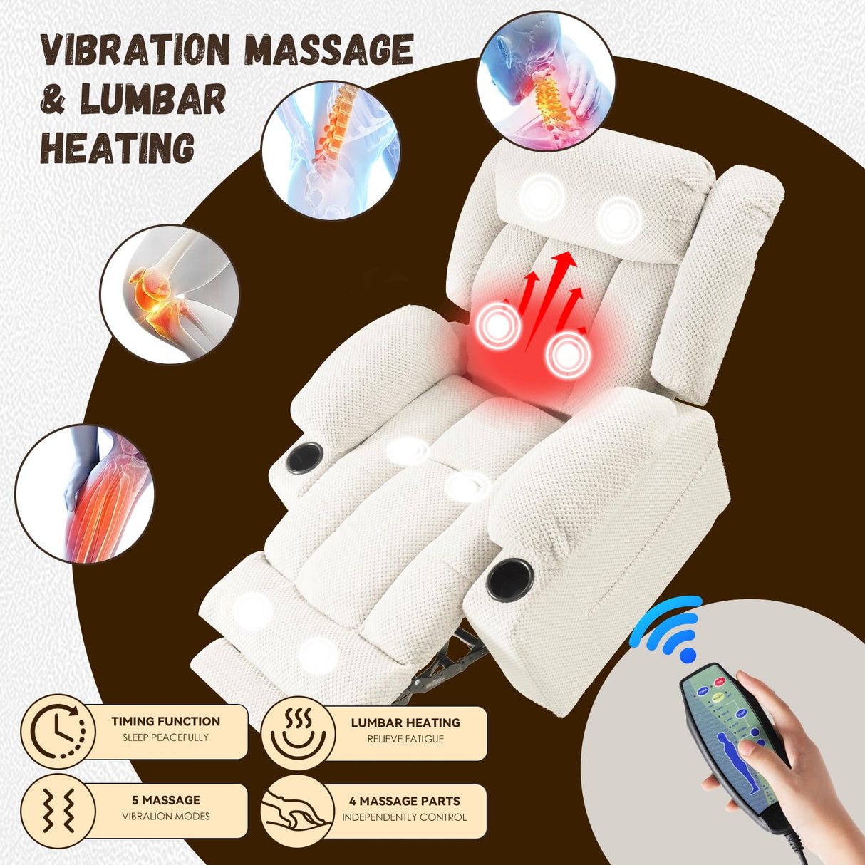 Neioml Large Wide Power Lift Chair Recliner for Elderly, Heat & Vibration Massage, Extended Footrest for Big and Tall, Cup Holders Side Pockets, Easy Remote, (Plush Flannel, Cream White) Neioml