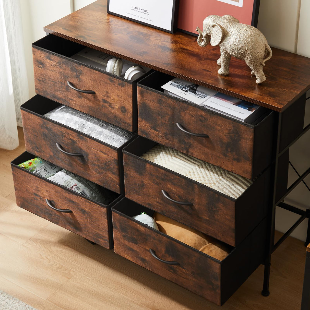 DUMOS TV Stand for Living Room Entertainment Center with 6 Fabric Drawers Dresser for Bedroom Storage Organizers Units, Brown DUMOS