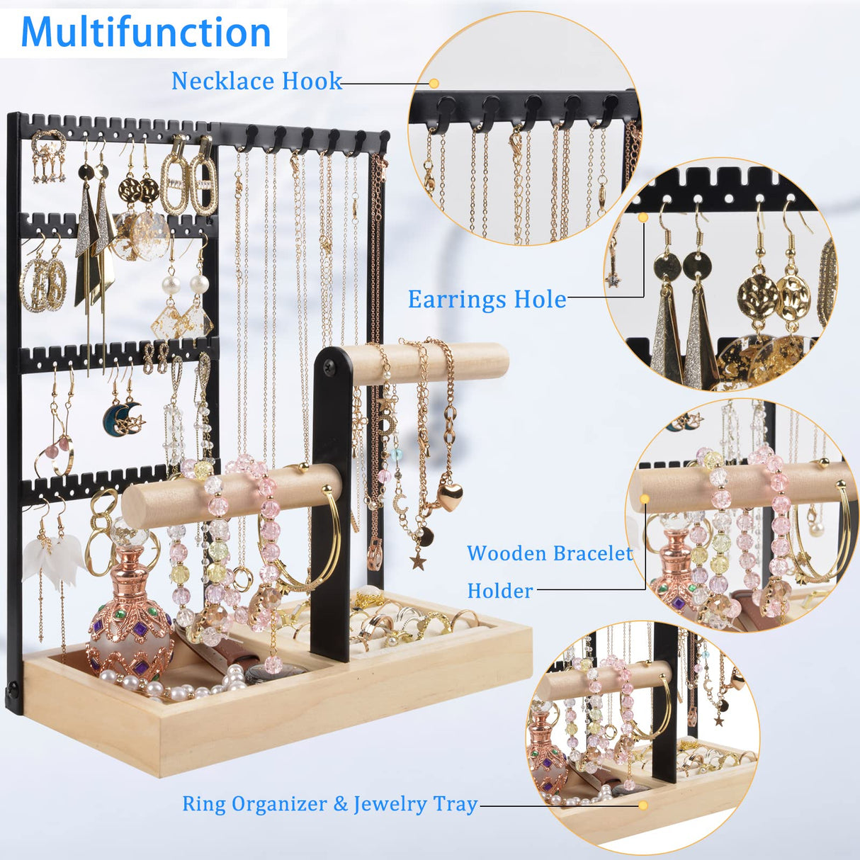 Jewelry Holder Organizer, 5-Tier Earring Organizer Stand with 48 Holes & Wood Ring Tray, 6 Hooks Necklace Bracelets Holder Tree, Black Jewelry Display Rack & Tower for Stud Watch, Aesthetic Room Decor ChezMax