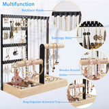 Jewelry Holder Organizer, 5-Tier Earring Organizer Stand with 48 Holes & Wood Ring Tray, 6 Hooks Necklace Bracelets Holder Tree, Black Jewelry Display Rack & Tower for Stud Watch, Aesthetic Room Decor ChezMax