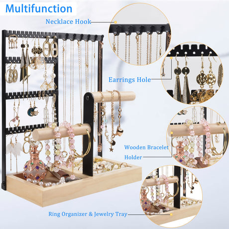 Jewelry Holder Organizer, 5-Tier Earring Organizer Stand with 48 Holes & Wood Ring Tray, 6 Hooks Necklace Bracelets Holder Tree, Black Jewelry Display Rack & Tower for Stud Watch, Aesthetic Room Decor ChezMax