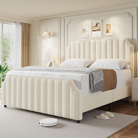 GarveeHome King Size Velvet Bed Frame, 50.2 in Tall Headboard & Footboard, Upholstered Platform King Bed Frame with Nailhead Trim, No Box Spring Needed, Noise Free, Solid Wooden Slats, Beige GarveeHome
