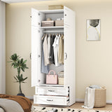 Armoire Wardrobe Closet with Doors: 89" Extra Tall White Wardrobe with Storage on Top, Bedroom Armoires with 2 Doors and 2 Drawers, Large Wood Closet Armoire for Hanging Clothes (A, 31.5") LABROSKIA