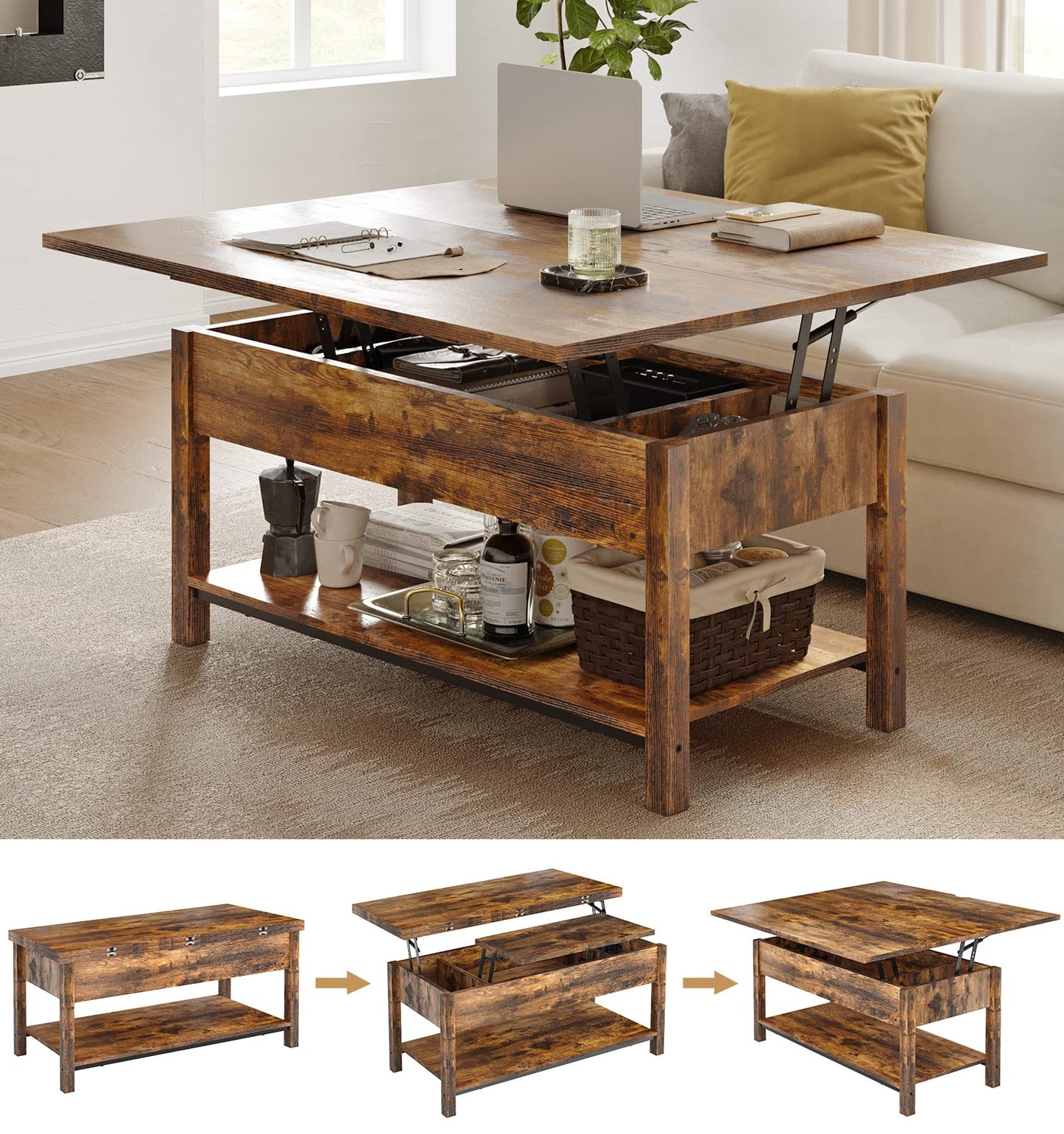 FABATO Lift Top Coffee Table, 4-in-1 Multi-Function Convertible Coffee Table with Storage, Coffee Table Converts to Dining Table for Living Room Reception Room Office, Rustic Brown, 41.73*19. - WoodArtSupply