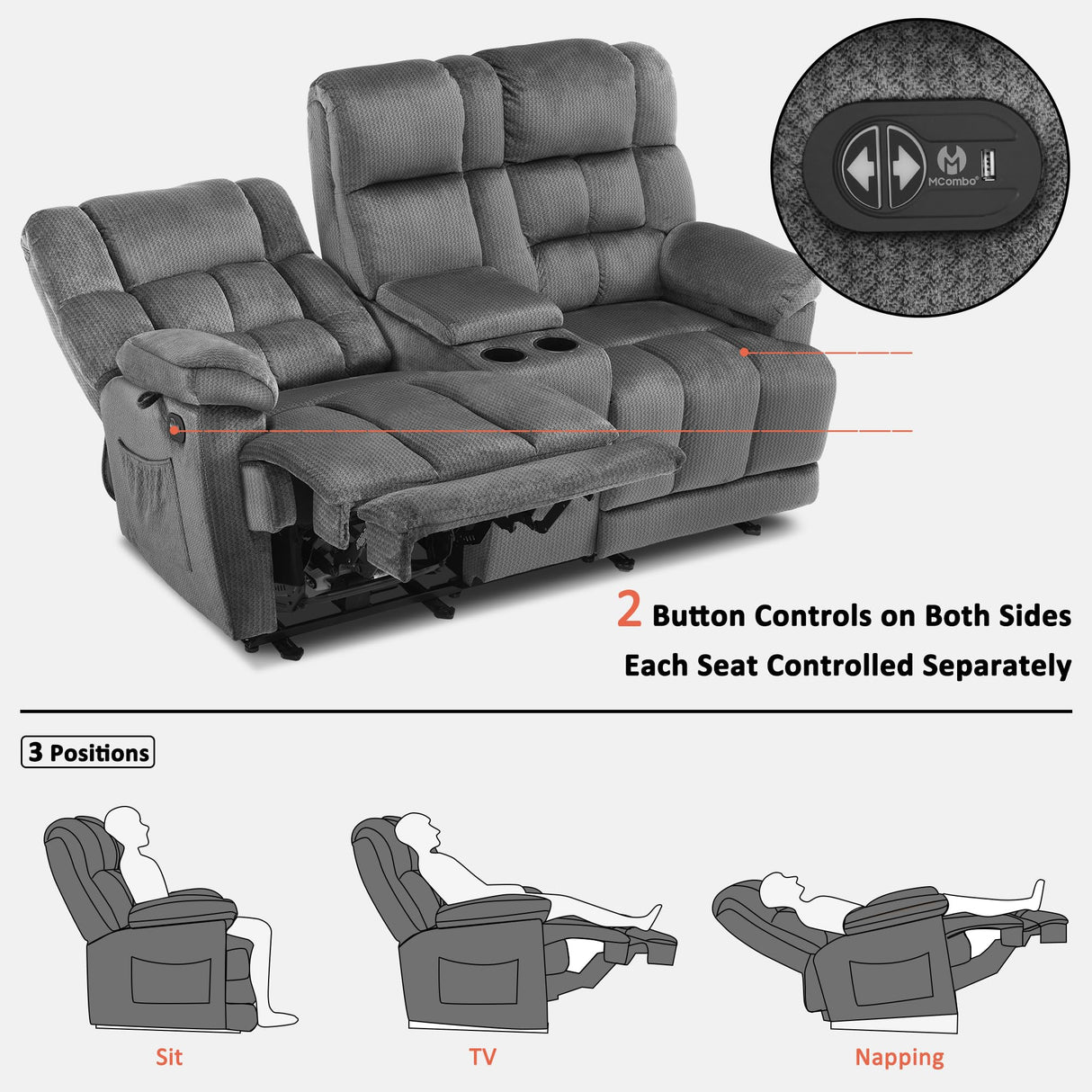 MCombo Zero Gravity Power Loveseat Recliner with Console, Heat and Vibration Massage, Reclining Loveseat Sofa with USB Ports, Cup Holders for Living Room, Fabric RS6234 (Grey) MCombo